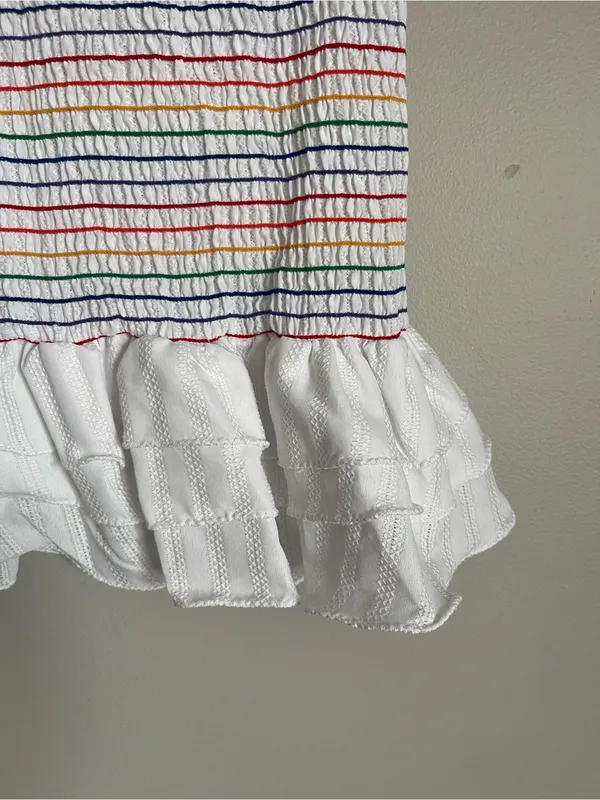 DO+BE White Smocked Mini Skirt with Multicolor Stripe Detail Sz S - Image 3