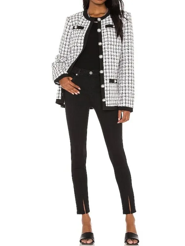 Lovers Friends Lucca Jacket Black White Metallic Sparkly Plaid Tweed Blazer Coat - Image 6