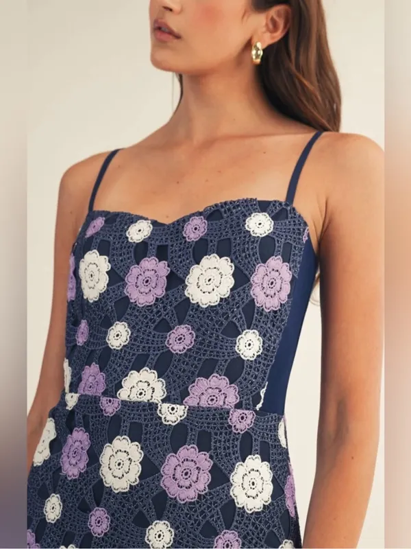 Just Me Navy Floral Crochet Midi Dress with Lavender and Cream Accents Navy Floral M - Image 2