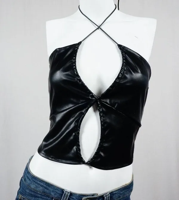 Pretty Garbage Hater Vegan Faux Leather Ruched Crop Top Black Woman's Small NWT! - Image 3