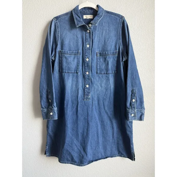 Madewell Denim Popover Shirtdress Large Blue Medium Wash Mini Pocket Minimalist - Image 4