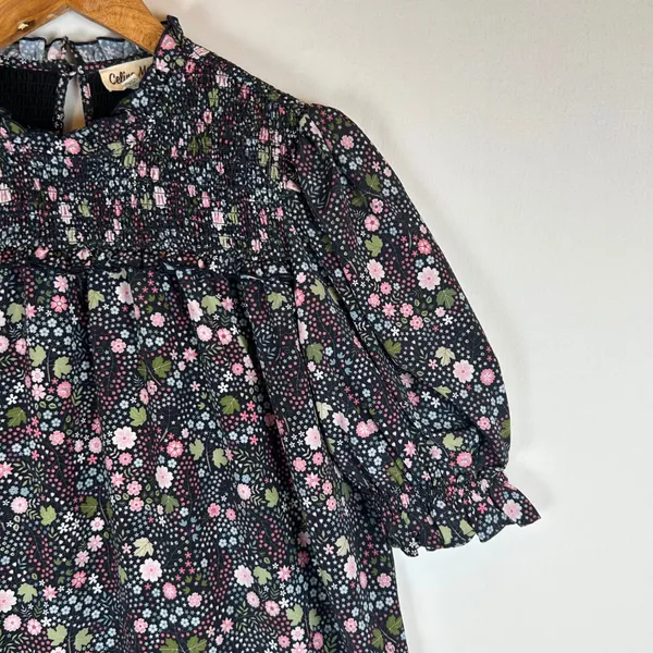Celina Moon Floral Smocked Mock Neck Puff Sleeve Babydoll Mini Dress Medium - Image 6
