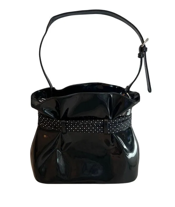 Beijo Black Vegan Patent Leather Paper Bag Handbag Polka Dot Scarf Twee Preppy - Image 5