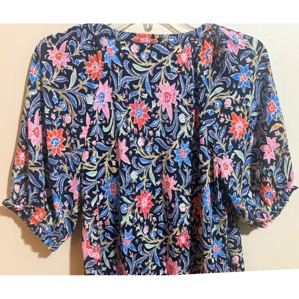 LOFT Floral Blouse Womens Medium Navy Blue‎ Pink Excellent Ruffle Sleeve Top - Image 7
