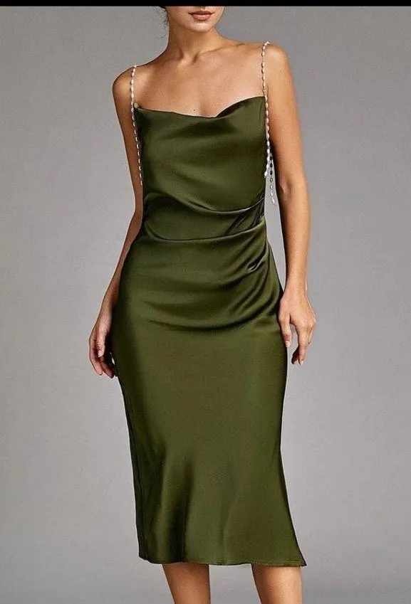 Elegant Olive Green Satin Dress - Image 4