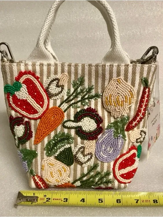 New Release! Beaded Striped “Vegetable" Tote Bag with Adjustable Detachable Strap White - Image 8
