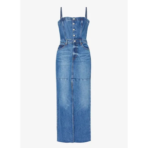 Reformation Tazz Maxi Denim Dress 0 Blue Button Front Slit Spaghetti Strap‎ Raw - Image 3