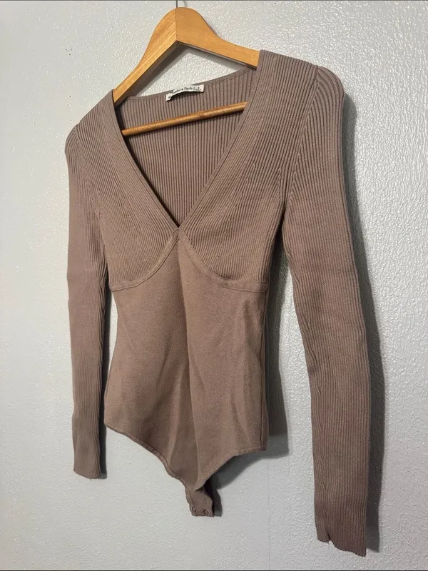 Abercrombie & Fitch Taupe Mauve Mixed Knit Ribbed Long Sleeve Bodysuit Small - Image 2