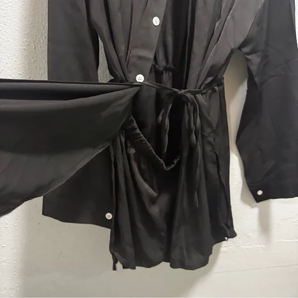 Womens‎ Black Long Sleeve Button Down Shirt Dress Elastic Waist Tie Belt XL - Image 3