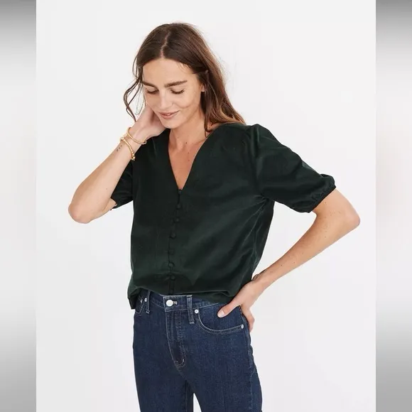 Madewell Corduroy Puff Sleeve V-Neck Button Front Top Womens Size XS Dark Green - Image 3