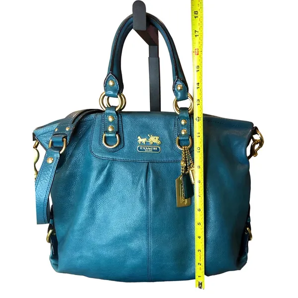 Vintage COACH Madison Turquoise Leather Satchel Rear Zipper Pocket Bag 12935 - Image 10