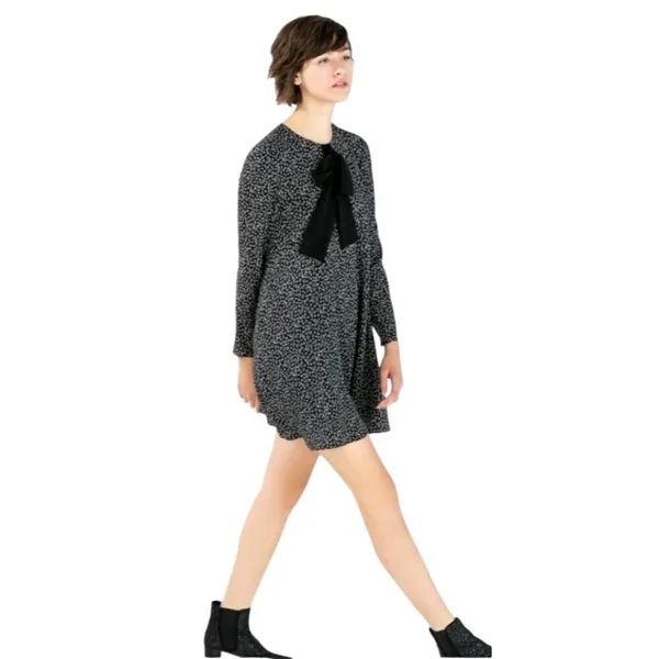 Zara‎ Dress Women Medium Black Ivory Star Print Bow Neckline Long Sleeve Mini - Image 2