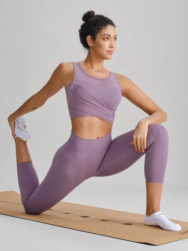 Berlook Activewear Purple Grey Mesh Cross-Front Tank Top - Light Support - Image 4