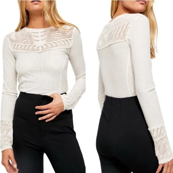 Free People Colette Cream Ribbed Knit Top Crochet Lace Yoke and Cuffs Size Lrg. - Image 2