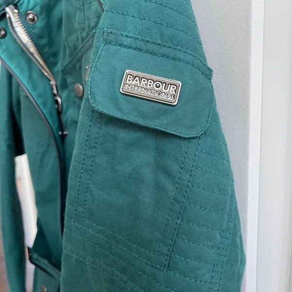 Barbour International Black Streak‎ Jacket Womens Green Waxed Cotton Moto Belted - Image 7