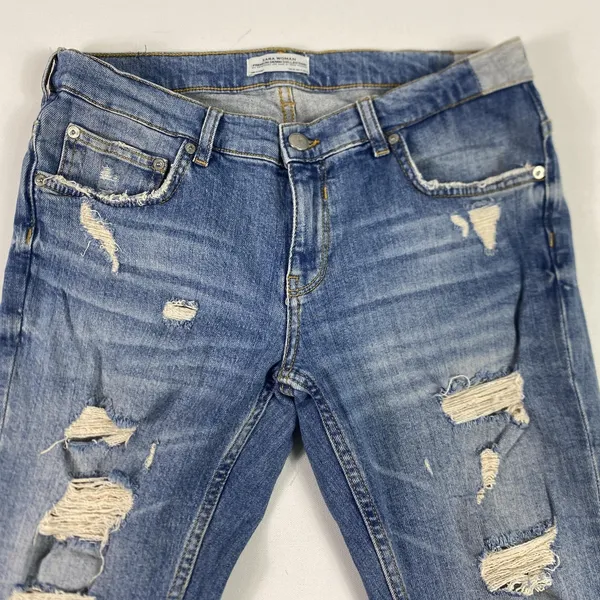 Zara Woman Jeans Womens 4 Blue Distressed Slim Tapered Crop Denim Medium‎ Wash - Image 2