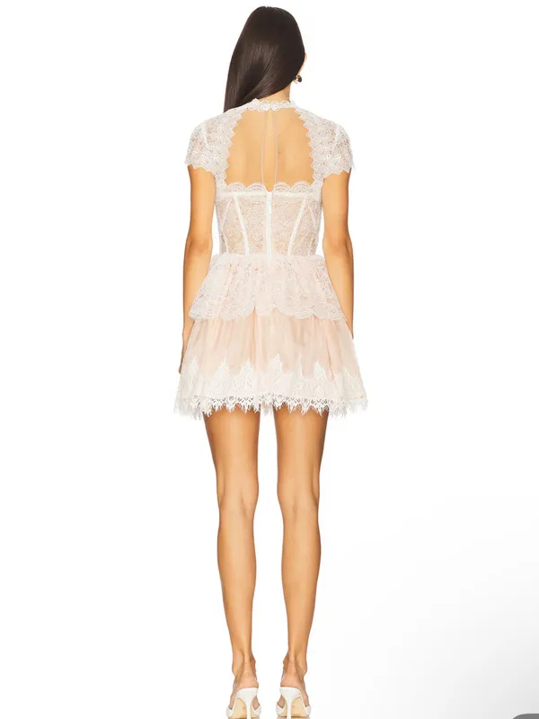 Bronx and Banco Daphne short sleeve White/ pink/ nude Lace Mini Dress S NEW - Image 4