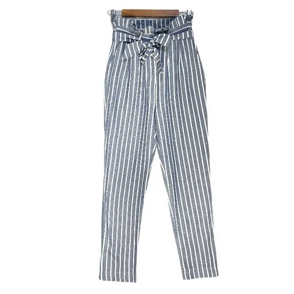 Urban Outfitters Gianna Striped High-Rise Paperbag Pants Linen White/Blue size 0 - Image 4