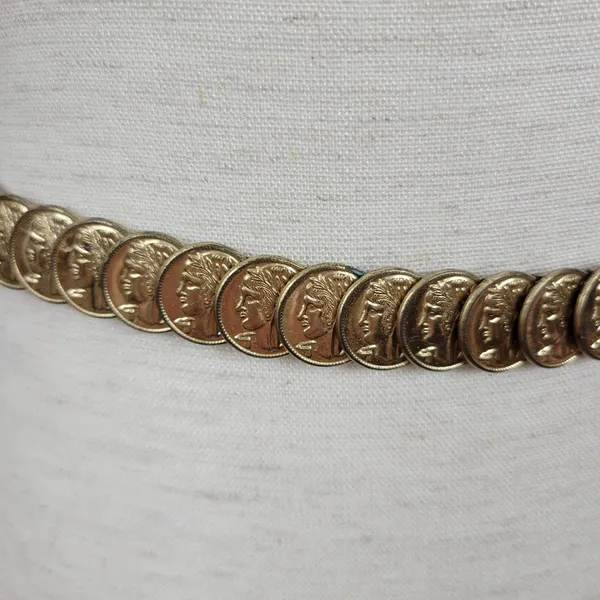 Vintage Gold Tone Embossed Metal Disc Coins Elastic Waist Belt Disco Glam - Image 8
