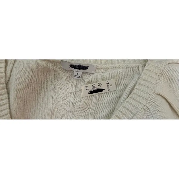 Madewell NWT Women's V‎ Neck Merino Wool Cable Knit Sweater Small Cream Pullover - Image 5