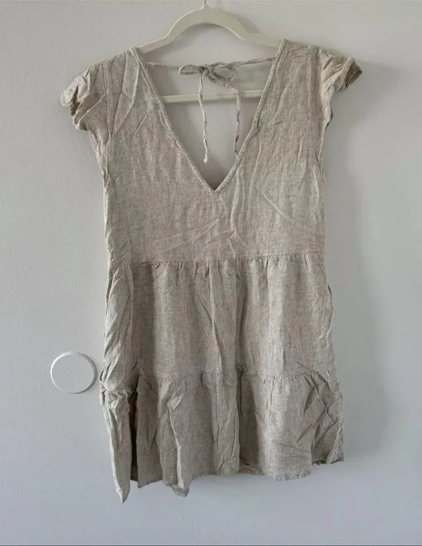 Abercrombie & Fitch Beige Lined Tiered V-Neck Pocket Dress Linen Blend Size S - Image 9