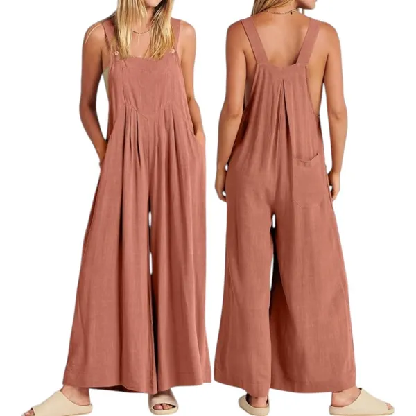 Anrabess S Linen Wide Leg Jumpsuit Rust Orange Boho Summer Overalls Vacationwear - Image 3