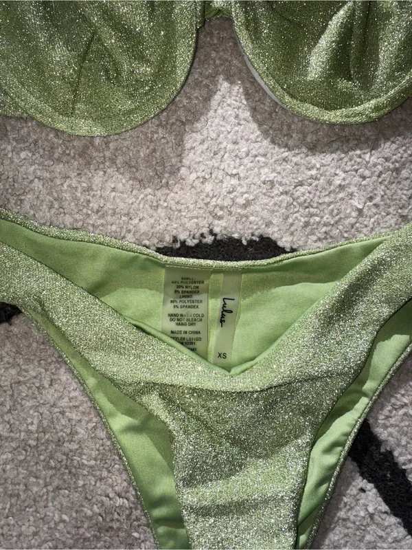 Lulus Heat Wave Light Green Sparkly Underwire Bikini Set - Image 7