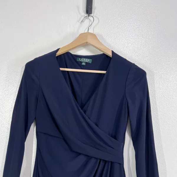 Lauren Ralph Lauren Navy Ruched Faux Wrap Dress Size 4 | 3/4 Sleeve Knee‎ Length - Image 6