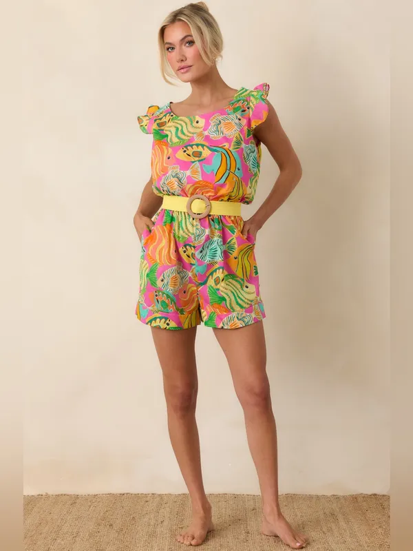 Paradisa Melbourne Pink Multi Cotton Fish Print Romper Size Small - Image 4