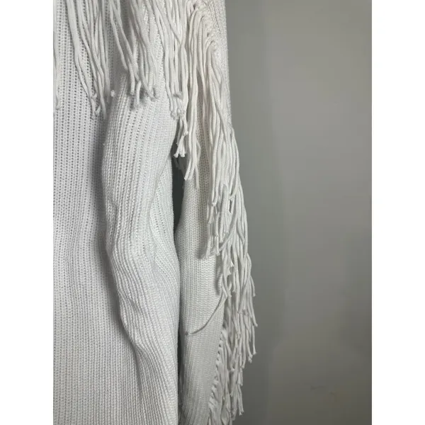 Minnie Rose White Cotton Shaker Mock Neck Zip Up Fringe‎ Jacket 8912 New - Image 7