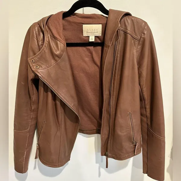 Hinge Hooded Brown Leather Jacket - size small - Image 3
