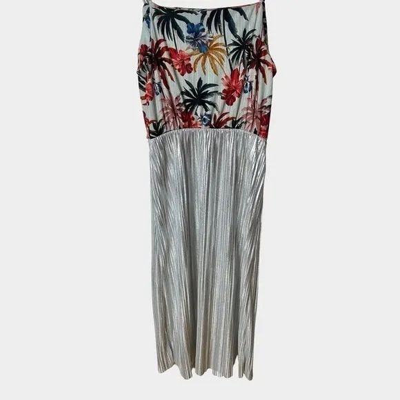 Zara Trafaluc Tropical Floral Silver Metallic Pleated Midi Dress Medium‎ Summer - Image 9