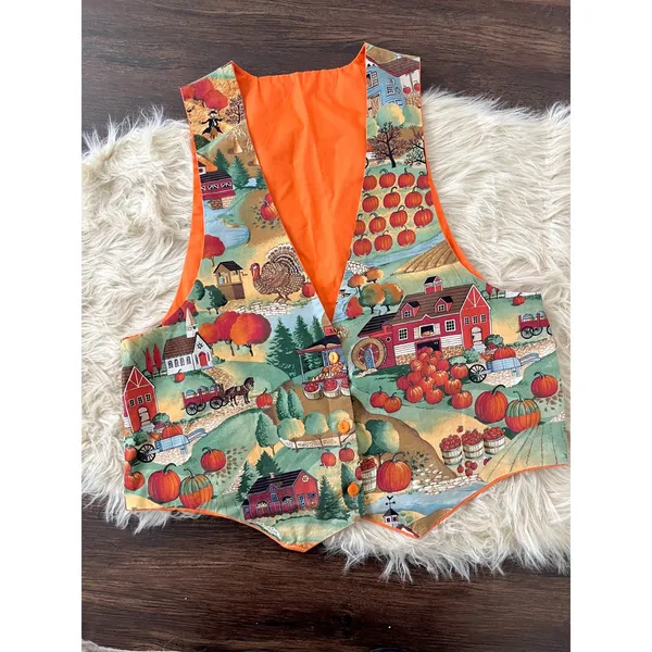 Vintage Handmade Harvest Pumpkin Hay Ride Fall Thanksgiving Vest Top OS - Image 2