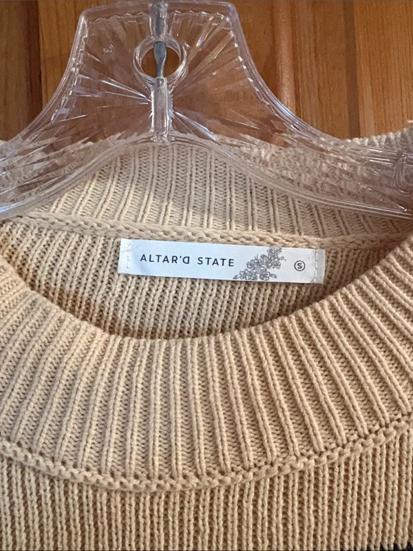 Altar'd State Cream & Dark Green Striped Cropped Crew Sweater - Image 3