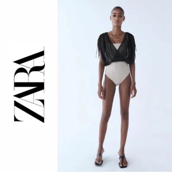 ZARA METALLIC THREAD SHEER CROP TOP in Black Gold, Size XS, NWT - Image 2