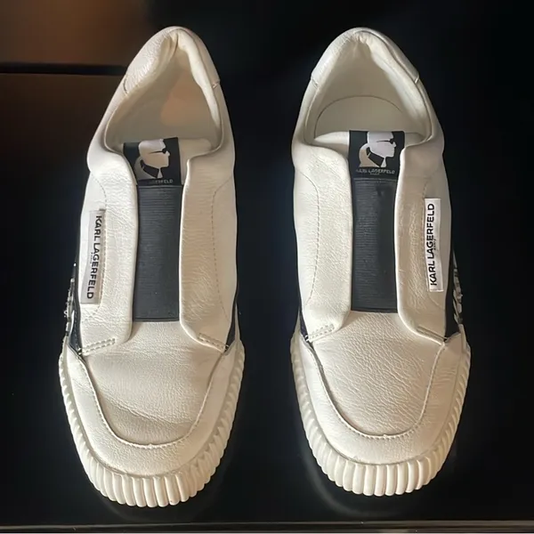 KARL LAGERFELD PARIS Josie Leather White Black Slip-On Sneakers $129 EUC Wmn’s 7 - Image 3