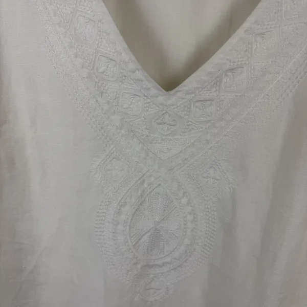 Tommy Bahama White Linen Embroidered V-Neck Tunic Top Medium Coastal Beachy - Image 2
