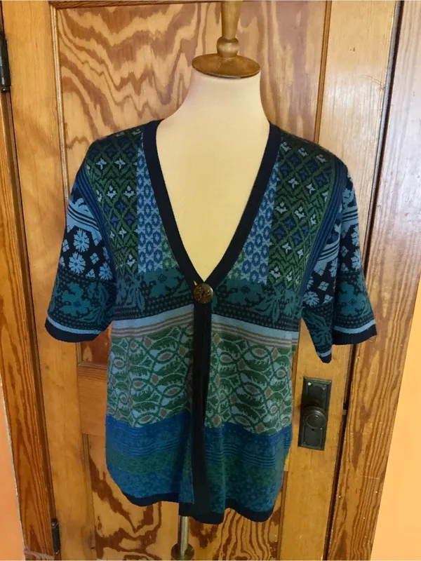 Coldwater Creek USA Mixed Pattern Cardigan Blue Green Rayon Knit Boho Sweater - Image 5
