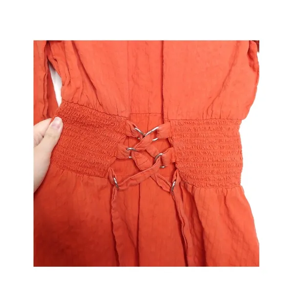 ASOS Burnt Orange Mini Dress Smocked Corset Waist Long Sleeve Cotton‎ S Pumpkin - Image 6