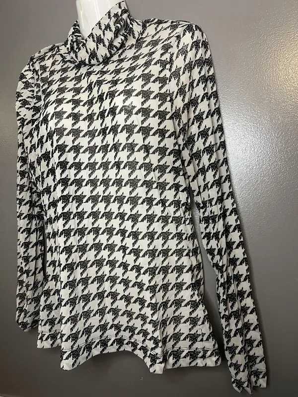 White House Black Market Shirt Womens Large Black White Houndstooth Cowl Neck - Image 3