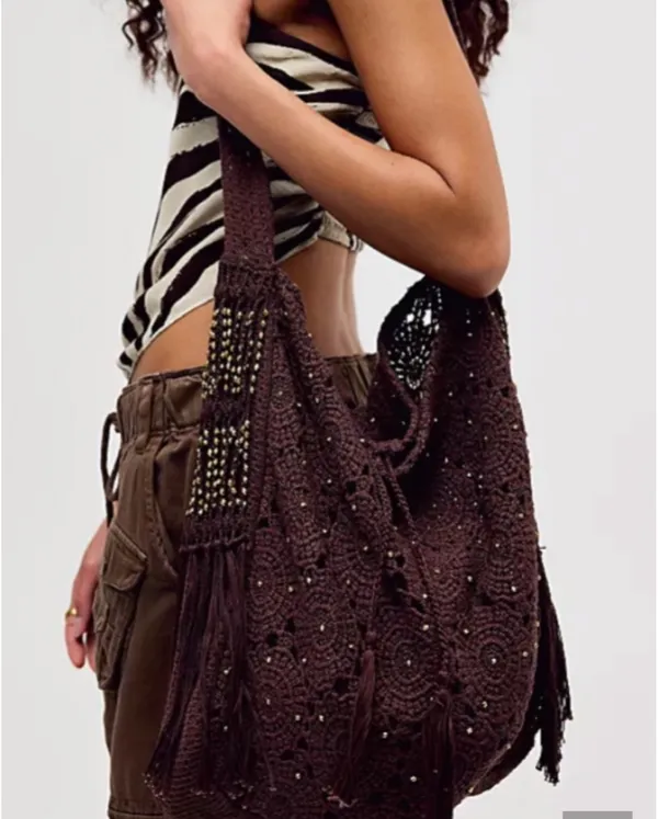 Free People Sunrise To Sunset Crochet Tote in Brown Pattern NWT $98R - Image 3