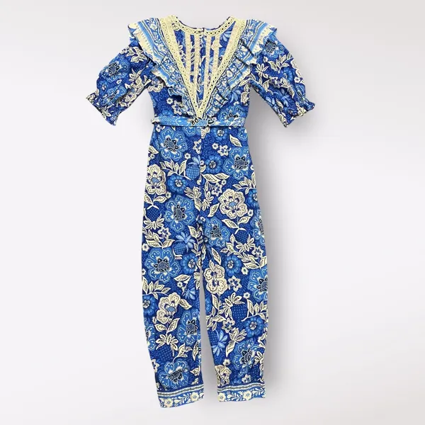 Farm Rio Full of Flowers Jumpsuit‎ Blue Crochet Lace Size M - Image 3