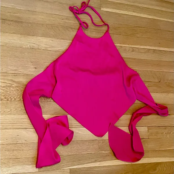 Vibrant Pink Halter Top - Handkerchief Hem & High Neckline - Size Large - Image 4
