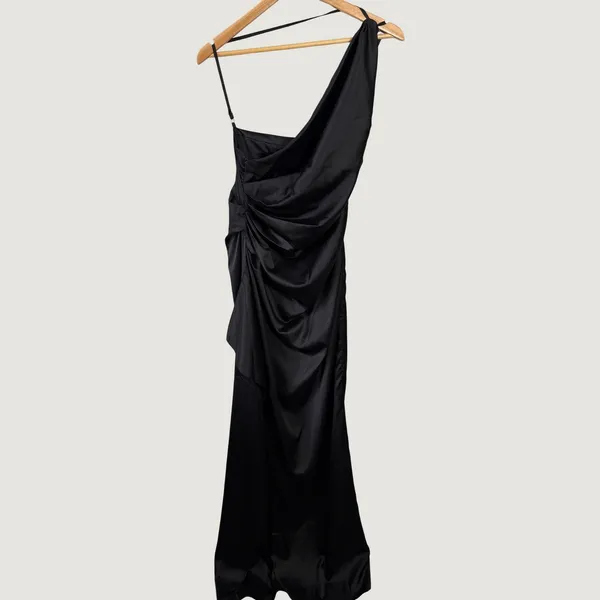 Babyboo Ariel Dress Black One Shoulder Ruched Satin Gown Size Medium NWT - Image 9
