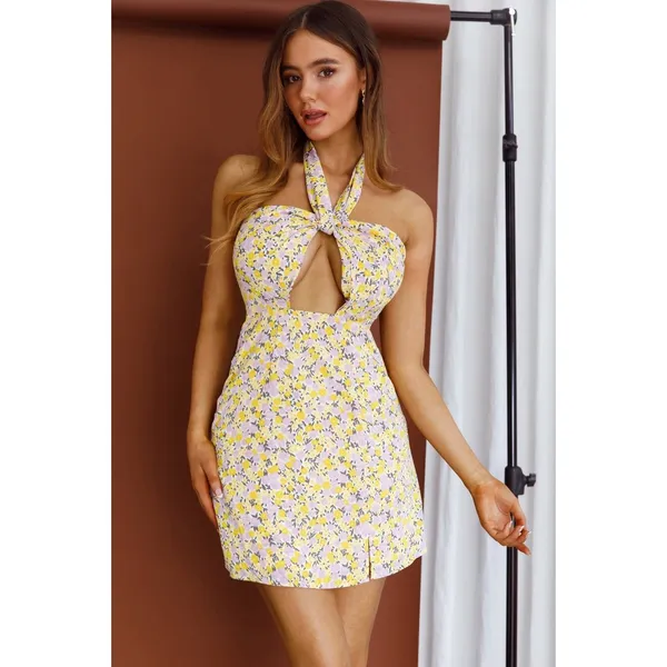 Selfie Leslie Saints & Secrets Halterneck Mini Dress Floral Yellow Size Small - Image 2