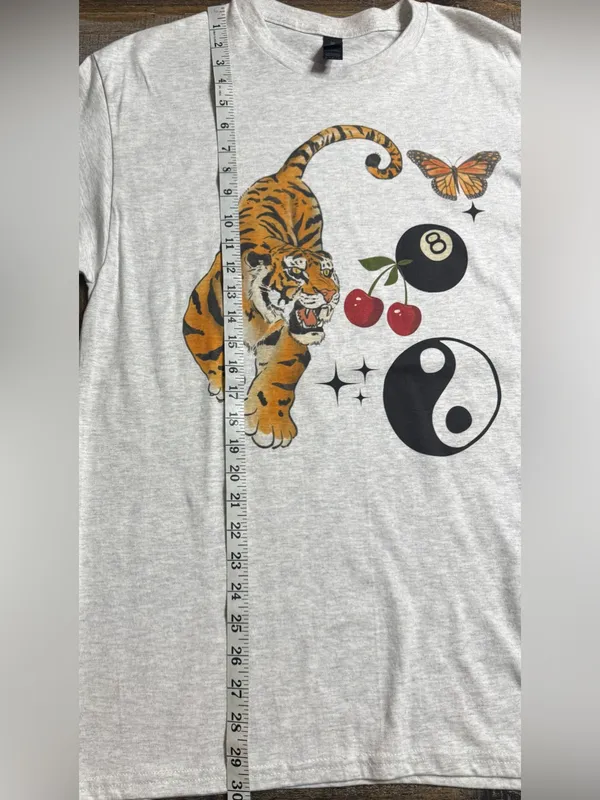 Gildan Light Gray Tee with Tiger, Butterfly, Cherries & Yin Yang Graphics - Image 7