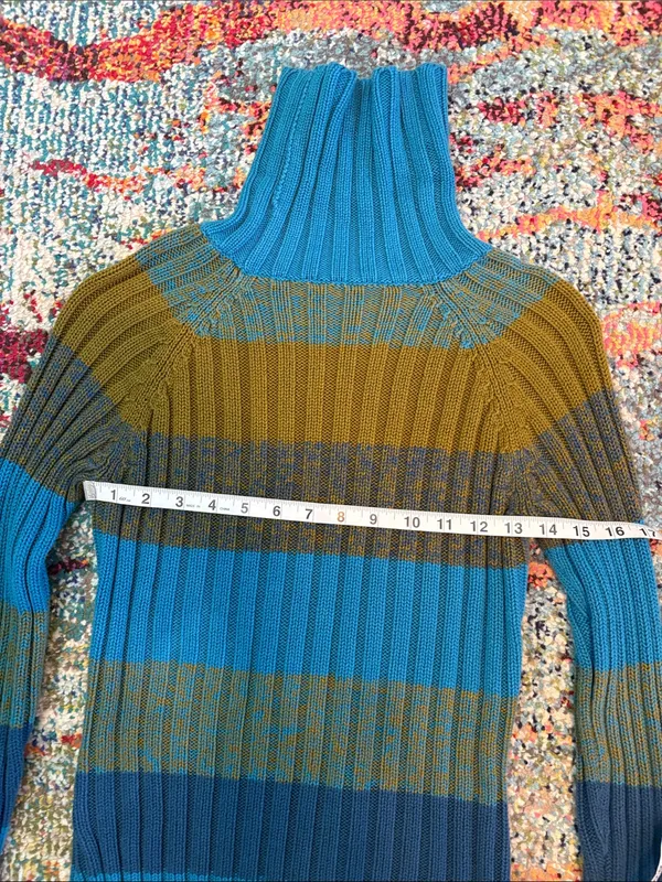 Cozy Striped Cowl Neck Sweater in Teal and Olive - Image 10