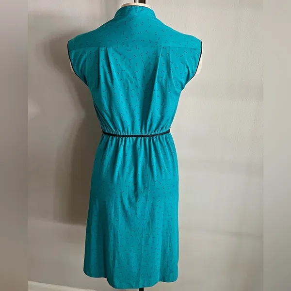 Vintage 70s Teal Mod Dress Abstract Print Cinched Waist Small - Image 10