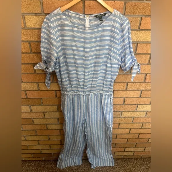 Lauren Ralph Lauren Blue & White Striped 100% Linen Wife Leg Jumpsuit Size 10 - Image 3