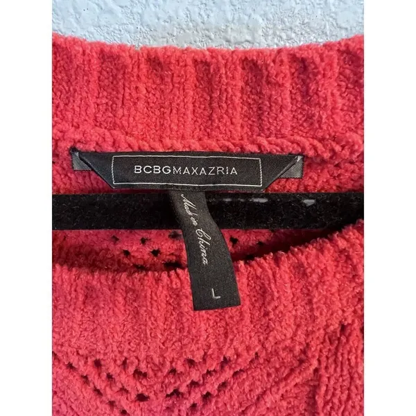 BCBGMAXAZRIA Bright‎ Red Pointelle Knit Chenille Pullover Sweater Size Large - Image 3